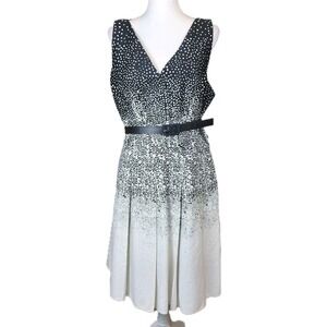 Kay Unger Fit Flare Dress Womens 18‎ Black White Dot Pleats Belt Faux Wrap Party